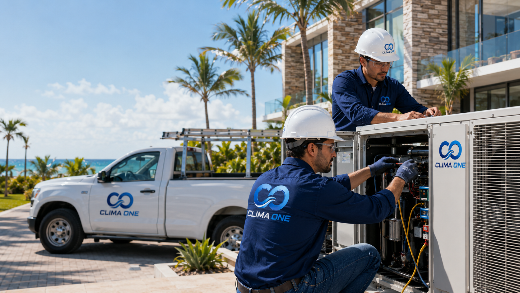 Técnicos Clima One reparando sistema VRF